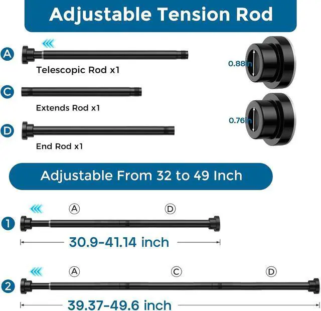 Alt view image 2 of 7 - AIZESI 1Pack Tension Curtain Rod 32 to 51 Inch No Drilling Adjustable Spring Loaded Curtain Rods for Window Bedroom Doorway Closet, Black