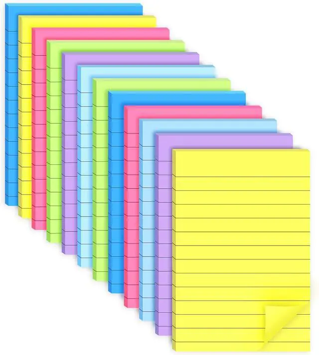 Main image of 12 Pack Lined Sticky Notes 4x6 in Bright Colors Self-Stick Note Pads with Lines, Colorful Bulk Sticky Memo Pad for School, Office, Meeting
