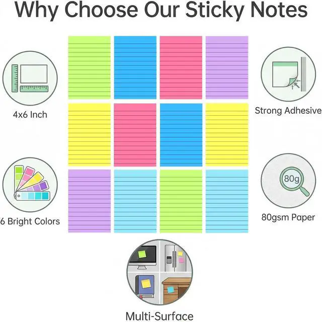 Alt view image 4 of 7 - 12 Pack Lined Sticky Notes 4x6 in Bright Colors Self-Stick Note Pads with Lines, Colorful Bulk Sticky Memo Pad for School, Office, Meeting