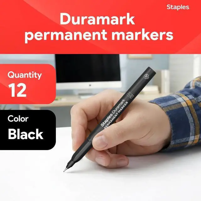 Alt view image 2 of 7 - STAPLES Duramark Permanent Markers, Ultra Fine Tip, Black, 12-Pack | Precision markers for writing, drawing, and detailed labeling needs.