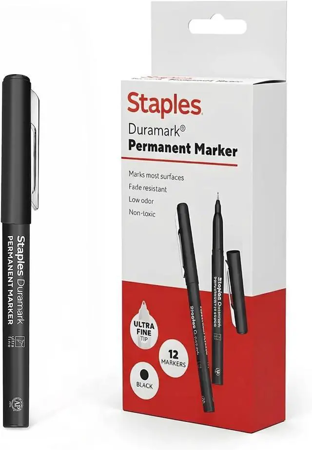 Main image of STAPLES Duramark Permanent Markers, Ultra Fine Tip, Black, 12-Pack | Precision markers for writing, drawing, and detailed labeling needs.
