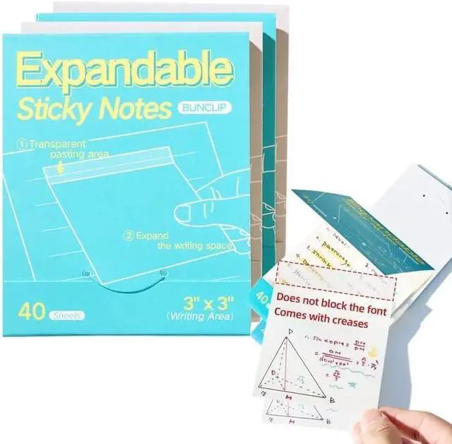 Main image of Expandable Sticky Notes, 4 Pack 3×3 Inch White Self-Stick Pads | 40 sheets per pad with strong self-adhesion. Ideal for home, office, notebooks and daily memo organization use.