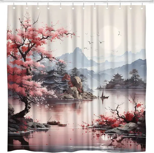 Main image of Asian Shower Curtain Pink Japanese Cherry Blossom 70x70 Inch | Scenic Print,Pagoda Mountain Chinese Flower Spring Art,Ink Painting Landscape,Bathroom Polyester Curtains,Set with Hooks