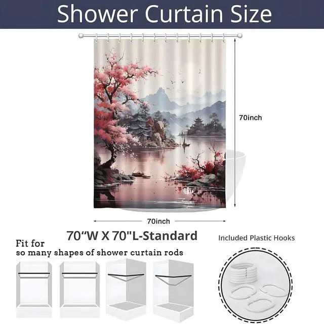 Alt view image 6 of 7 - Asian Shower Curtain Pink Japanese Cherry Blossom 70x70 Inch | Scenic Print,Pagoda Mountain Chinese Flower Spring Art,Ink Painting Landscape,Bathroom Polyester Curtains,Set with Hooks