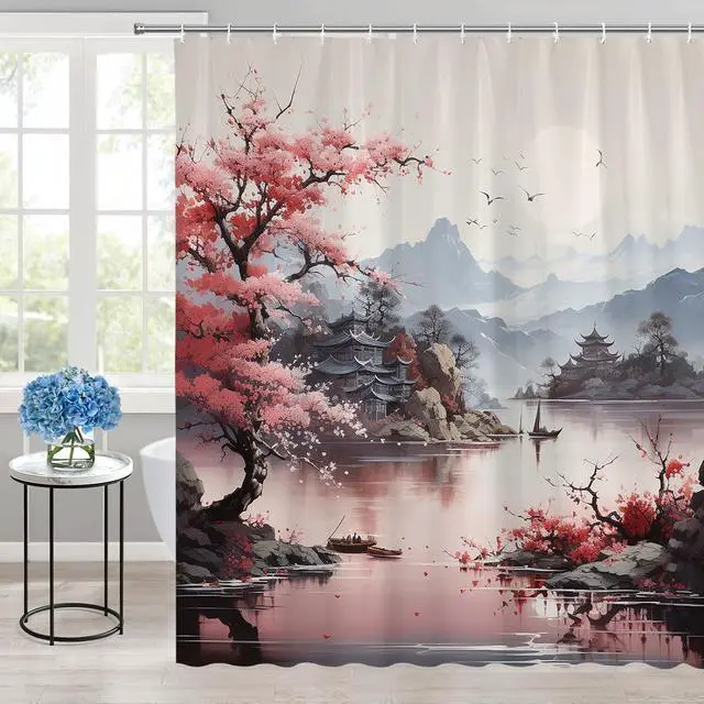 Alt view image 4 of 7 - Asian Shower Curtain Pink Japanese Cherry Blossom 70x70 Inch | Scenic Print,Pagoda Mountain Chinese Flower Spring Art,Ink Painting Landscape,Bathroom Polyester Curtains,Set with Hooks