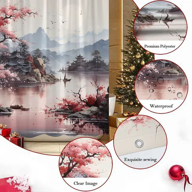 Alt view image 5 of 7 - Asian Shower Curtain Pink Japanese Cherry Blossom 70x70 Inch | Scenic Print,Pagoda Mountain Chinese Flower Spring Art,Ink Painting Landscape,Bathroom Polyester Curtains,Set with Hooks
