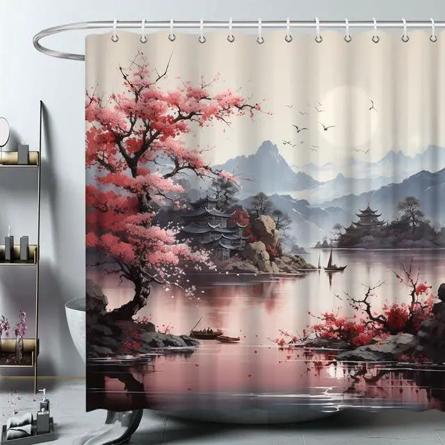Alt view image 2 of 7 - Asian Shower Curtain Pink Japanese Cherry Blossom 70x70 Inch | Scenic Print,Pagoda Mountain Chinese Flower Spring Art,Ink Painting Landscape,Bathroom Polyester Curtains,Set with Hooks