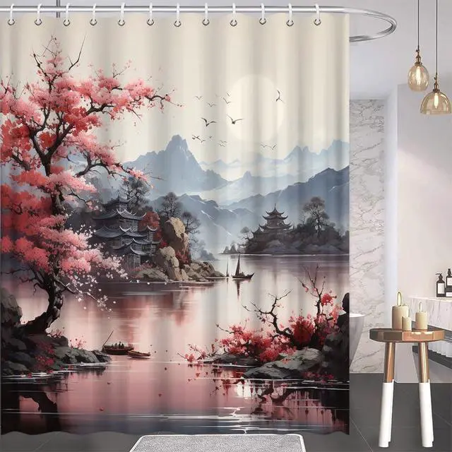 Alt view image 3 of 7 - Asian Shower Curtain Pink Japanese Cherry Blossom 70x70 Inch | Scenic Print,Pagoda Mountain Chinese Flower Spring Art,Ink Painting Landscape,Bathroom Polyester Curtains,Set with Hooks