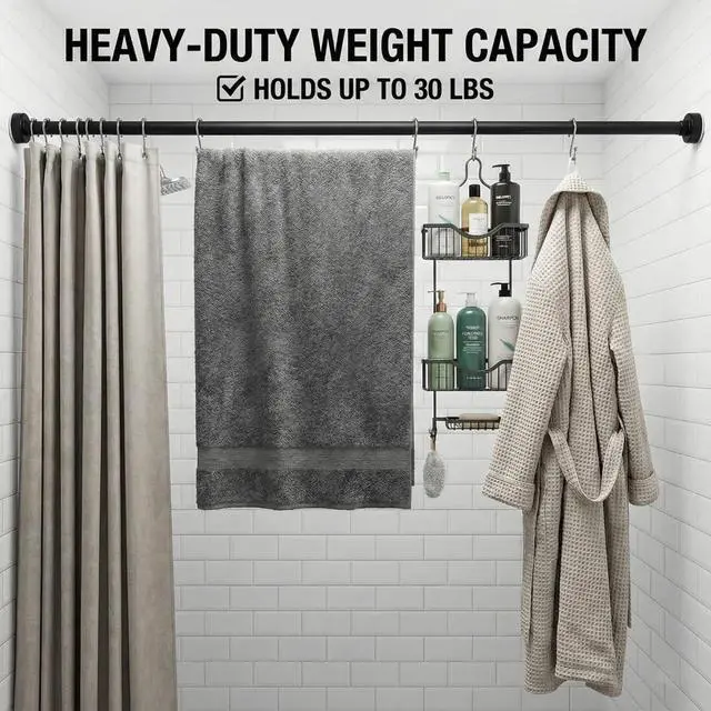 Alt view image 2 of 5 - Matte Black Adjustable Shower Curtain Rod 1 Inch Diameter 29.5"-69.7" Inches - No Drill Tension Rod with Anti-Slip ABS Base, Stainless Steel Spring & Rust-Resistant Coating