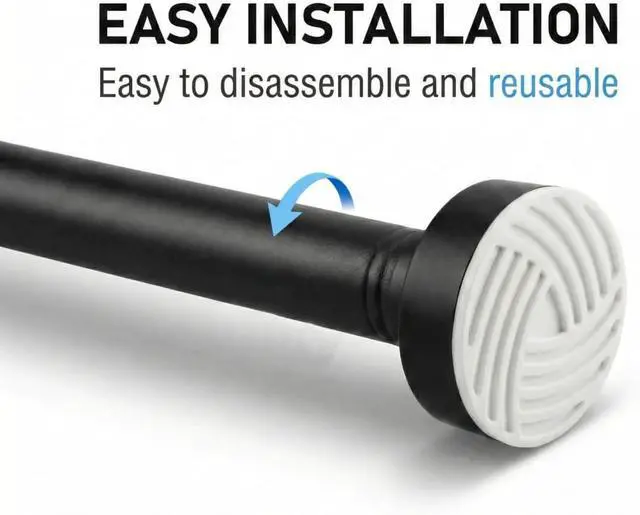 Alt view image 4 of 5 - Matte Black Adjustable Shower Curtain Rod 1 Inch Diameter 29.5"-69.7" Inches - No Drill Tension Rod with Anti-Slip ABS Base, Stainless Steel Spring & Rust-Resistant Coating