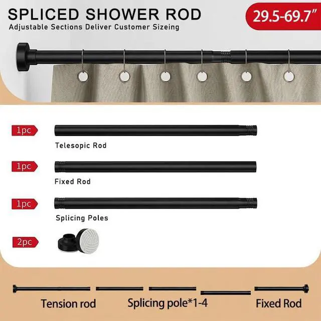 Alt view image 5 of 5 - Matte Black Adjustable Shower Curtain Rod 1 Inch Diameter 29.5"-69.7" Inches - No Drill Tension Rod with Anti-Slip ABS Base, Stainless Steel Spring & Rust-Resistant Coating