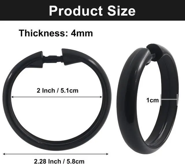 Alt view image 3 of 7 - Hitefu 12 Pack Black Plastic Shower Curtain Rings | O-Shaped, Easy Snap Hooks, For Bathroom Shower Curtain Rod