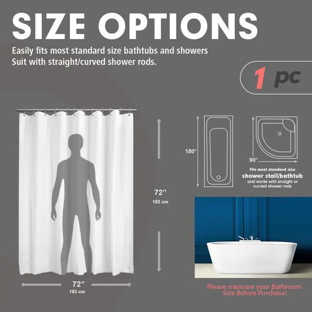 Alt view image 2 of 7 - White Shower Curtain Liner, 72" x 72" White Bathroom Shower Showroom Curtain Liner with Rustproof Metal Gromments and Weighted Magnet