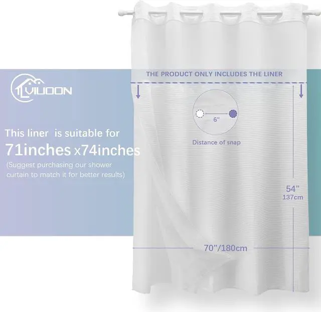 Alt view image 2 of 7 - VIUOON 1 Pack Fabric Snap-in Shower Curtain Liner Replacement,70W x 54H | Compatible with No Hook Shower Curtain with Snap in Liner, Water-Repellent, Machine Washable,Removable & Washable,White