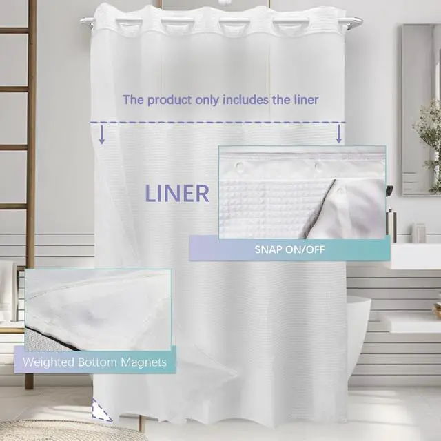 Alt view image 3 of 7 - VIUOON 1 Pack Fabric Snap-in Shower Curtain Liner Replacement,70W x 54H | Compatible with No Hook Shower Curtain with Snap in Liner, Water-Repellent, Machine Washable,Removable & Washable,White