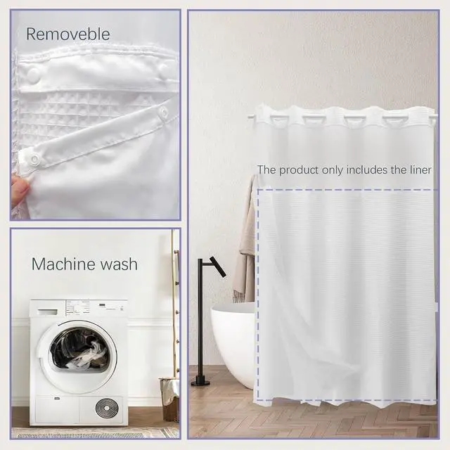 Alt view image 6 of 7 - VIUOON 1 Pack Fabric Snap-in Shower Curtain Liner Replacement,70W x 54H | Compatible with No Hook Shower Curtain with Snap in Liner, Water-Repellent, Machine Washable,Removable & Washable,White