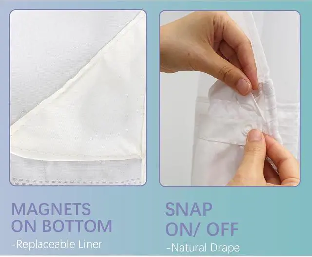 Alt view image 7 of 7 - VIUOON 1 Pack Fabric Snap-in Shower Curtain Liner Replacement,70W x 54H | Compatible with No Hook Shower Curtain with Snap in Liner, Water-Repellent, Machine Washable,Removable & Washable,White