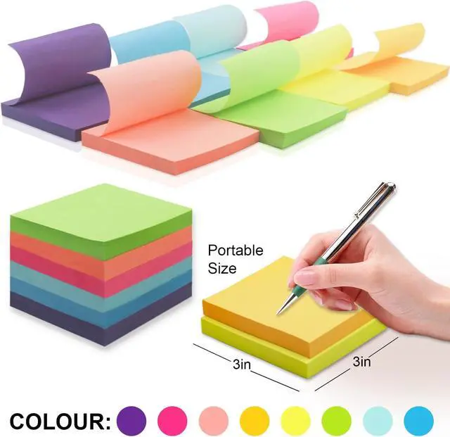 Alt view image 2 of 7 - Sticky Notes 3x3, 8 Pack Sticky Pads 100 Sheet/Pad, Bulk Sticky Note Pads, Multicolor Self-Sticky Notes Pad - Teacher Classroom Must Haves, Back to School and Office Supplies Blank Desk Note Pads.