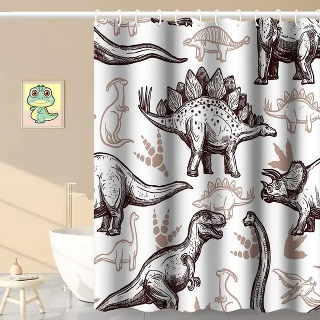 Alt view image 3 of 7 - Dinosaur World Bathroom Shower Curtain - Various Dinosaurs Sketch Pattern, Tan, Waterproof Fabric Polyester for Kids Boys Bath Decorative, 36x72 Inch