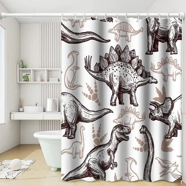 Main image of Dinosaur World Bathroom Shower Curtain - Various Dinosaurs Sketch Pattern, Tan, Waterproof Fabric Polyester for Kids Boys Bath Decorative, 36x72 Inch