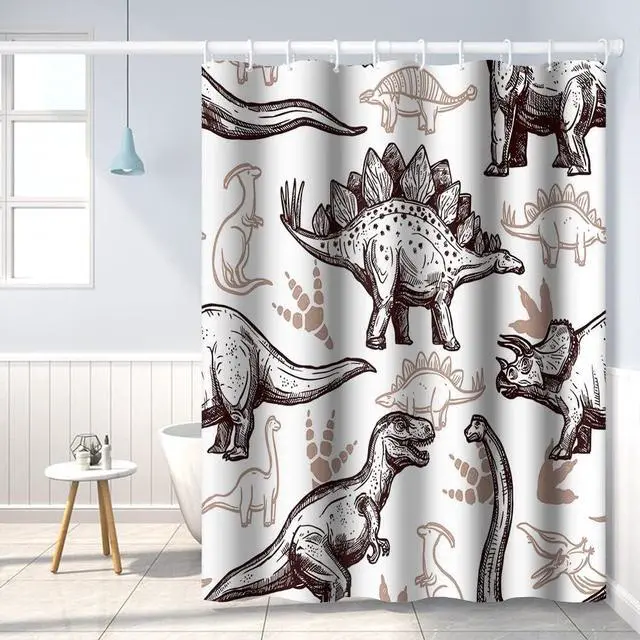Alt view image 2 of 7 - Dinosaur World Bathroom Shower Curtain - Various Dinosaurs Sketch Pattern, Tan, Waterproof Fabric Polyester for Kids Boys Bath Decorative, 36x72 Inch