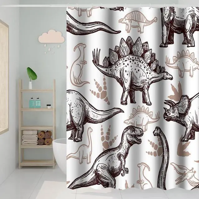Alt view image 4 of 7 - Dinosaur World Bathroom Shower Curtain - Various Dinosaurs Sketch Pattern, Tan, Waterproof Fabric Polyester for Kids Boys Bath Decorative, 36x72 Inch
