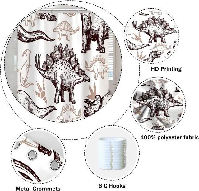 Alt view image 5 of 7 - Dinosaur World Bathroom Shower Curtain - Various Dinosaurs Sketch Pattern, Tan, Waterproof Fabric Polyester for Kids Boys Bath Decorative, 36x72 Inch