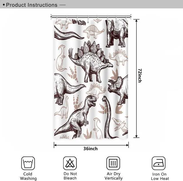 Alt view image 7 of 7 - Dinosaur World Bathroom Shower Curtain - Various Dinosaurs Sketch Pattern, Tan, Waterproof Fabric Polyester for Kids Boys Bath Decorative, 36x72 Inch