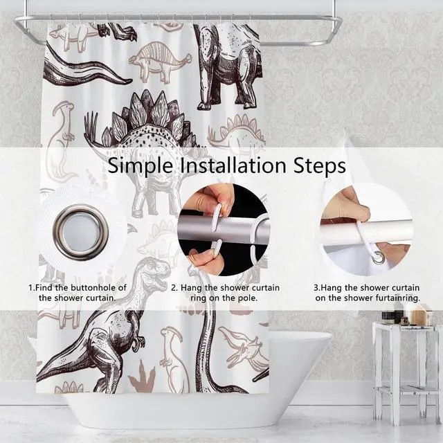 Alt view image 6 of 7 - Dinosaur World Bathroom Shower Curtain - Various Dinosaurs Sketch Pattern, Tan, Waterproof Fabric Polyester for Kids Boys Bath Decorative, 36x72 Inch