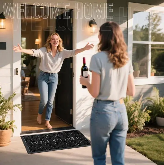 Alt view image 2 of 7 - Yimobra Welcome Door Mat, 29.5 x 17 in, Black | Raised Embossed Welcome Design,Traps Dirt & Moisture,Non-Slip Rubber Backing,Low Profile for Front Doors,Indoor Outdoor Use