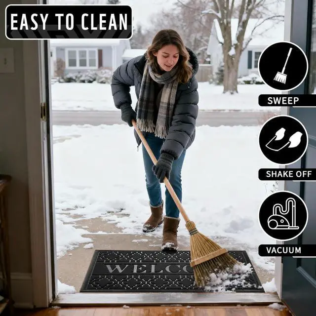 Alt view image 7 of 7 - Yimobra Welcome Door Mat, 29.5 x 17 in, Black | Raised Embossed Welcome Design,Traps Dirt & Moisture,Non-Slip Rubber Backing,Low Profile for Front Doors,Indoor Outdoor Use