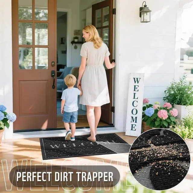 Alt view image 4 of 7 - Yimobra Welcome Door Mat, 29.5 x 17 in, Black | Raised Embossed Welcome Design,Traps Dirt & Moisture,Non-Slip Rubber Backing,Low Profile for Front Doors,Indoor Outdoor Use