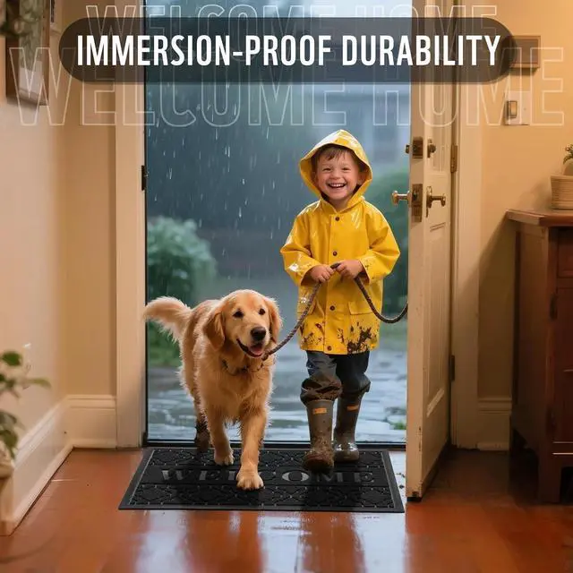 Alt view image 5 of 7 - Yimobra Welcome Door Mat, 29.5 x 17 in, Black | Raised Embossed Welcome Design,Traps Dirt & Moisture,Non-Slip Rubber Backing,Low Profile for Front Doors,Indoor Outdoor Use