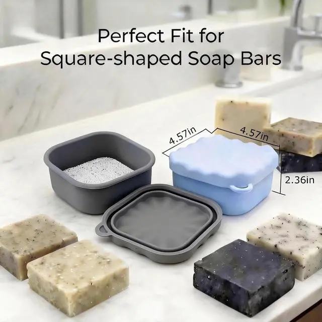 Alt view image 6 of 6 - Leakproof Travel Soap Case, Elimeta Square Silicone Soap Container with Lid Shatterproof Shower Holder Bar for Bathroom Camping Outdoor (Gray)