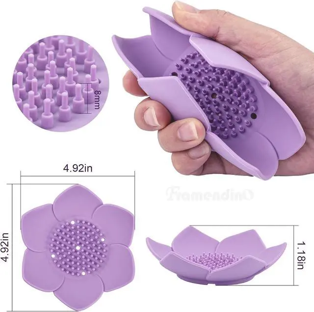 Alt view image 2 of 7 - Framendino, 4 Pack Silicone Soap Dishes, Non-Slip Floral Shaped Design Self-draining Sponge Bar Holder Flower Shape Saver for Shower Bathroom Kitchen Sinks