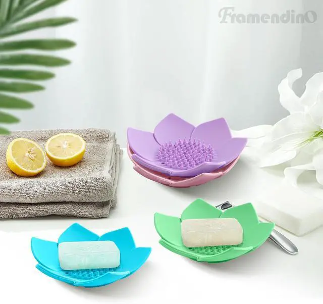 Alt view image 3 of 7 - Framendino, 4 Pack Silicone Soap Dishes, Non-Slip Floral Shaped Design Self-draining Sponge Bar Holder Flower Shape Saver for Shower Bathroom Kitchen Sinks