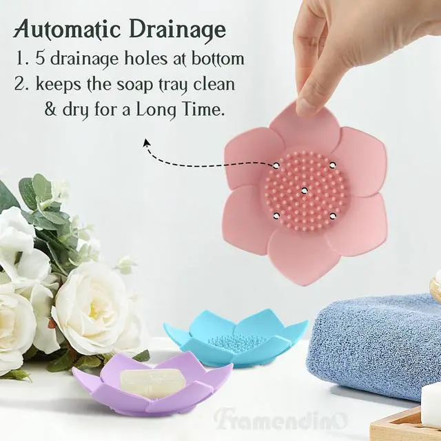 Alt view image 6 of 7 - Framendino, 4 Pack Silicone Soap Dishes, Non-Slip Floral Shaped Design Self-draining Sponge Bar Holder Flower Shape Saver for Shower Bathroom Kitchen Sinks