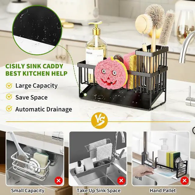 Alt view image 2 of 6 - Cisily Sponge Holder for Kitchen Sink, Smiley Face Sink Caddy with Removable Brush Holder,Self-Draining Sponge Caddy for Sponge,Soap,Dish Brush,Scrubber,Kitchen Essentials and Gadgets