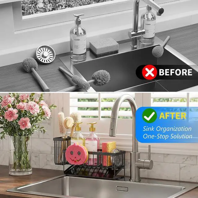 Alt view image 3 of 6 - Cisily Sponge Holder for Kitchen Sink, Smiley Face Sink Caddy with Removable Brush Holder,Self-Draining Sponge Caddy for Sponge,Soap,Dish Brush,Scrubber,Kitchen Essentials and Gadgets