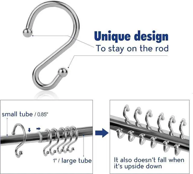Alt view image 3 of 6 - Metal Shower Curtain HooksSet of 12 RingsRust Resistant S Shaped Hooks Hangers for Shower Curtains, Kitchen Utensils, Clothing, Towels, etc. (Chrome)