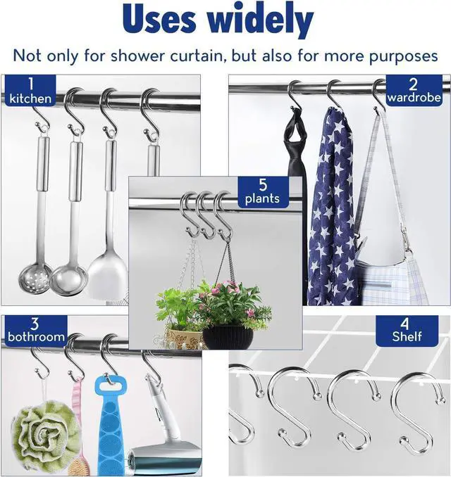 Alt view image 6 of 6 - Metal Shower Curtain HooksSet of 12 RingsRust Resistant S Shaped Hooks Hangers for Shower Curtains, Kitchen Utensils, Clothing, Towels, etc. (Chrome)