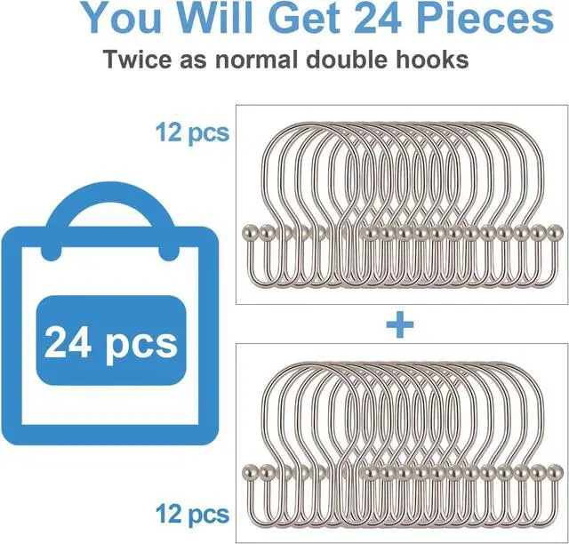 Alt view image 2 of 7 - 24 Pack Double Shower Curtain Hooks Rings, TENOVEL Double Sided Shower Curtain Hooks Rust Proof for Shower Curtain, Stainless Steel Bathroom Shower Hangers Rings for Shower Rods, Brushed Nickel