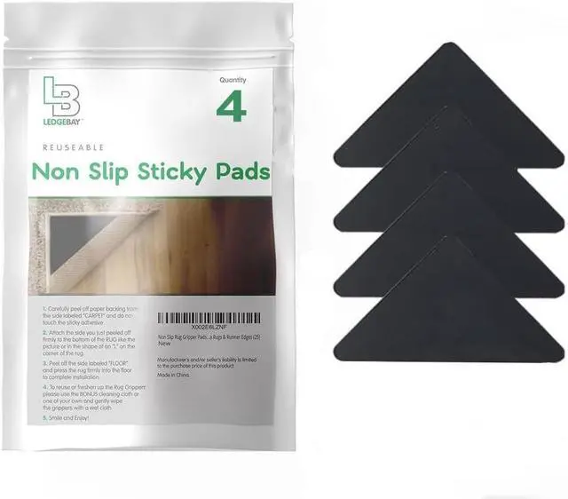 Main image of Ledgebay Triangle Rug Gripper for Hardwood Floors, Rug Tape, 4 Pack | Adhesive Rubber Corner Pads, Low Profile Triangle Shape, for Hardwood, Laminate, Tile and Chair Mats