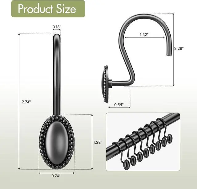 Alt view image 2 of 7 - AmazerBath Black Shower Curtain Hooks, 12PCS Rust Proof Shower Curtain Rings, Decorative Modern Shower Curtain Hangers, Elliptical Heavy Duty Design Convenient for Bathroom Kitchen Wardrobe