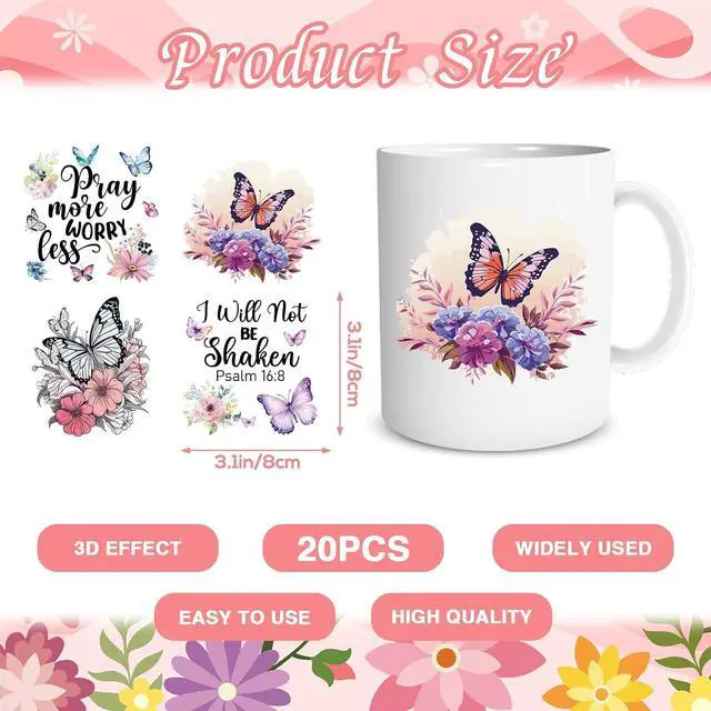 Alt view image 2 of 6 - UV DTF Cup Wrap - 20 Sheets Bible UV DTF Cup Wraps for 16 OZ Butterfly Flower Cross UVDTF Cup Wraps Motivational Christian UV DTF Transfer Stickers for Glass Cup Mug Wood DIY Crafts