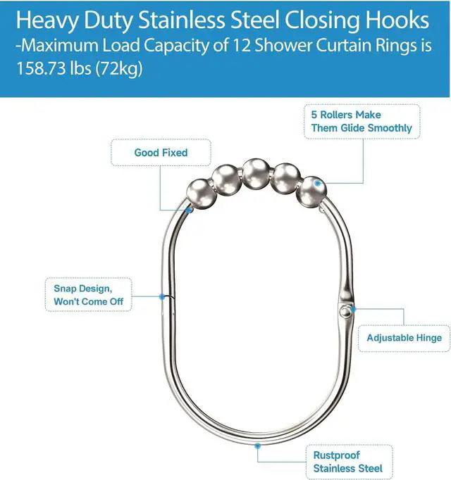 Alt view image 5 of 7 - MENGJINGO 12PCS Wide Shower Curtain Hooks Rings, Rust Proof Stainless Steel | Heavy Duty Shower Hooks Rings for Bathroom Shower Rods Curtains Liners, Easy Glide Rollers, Set of 12,Chrome