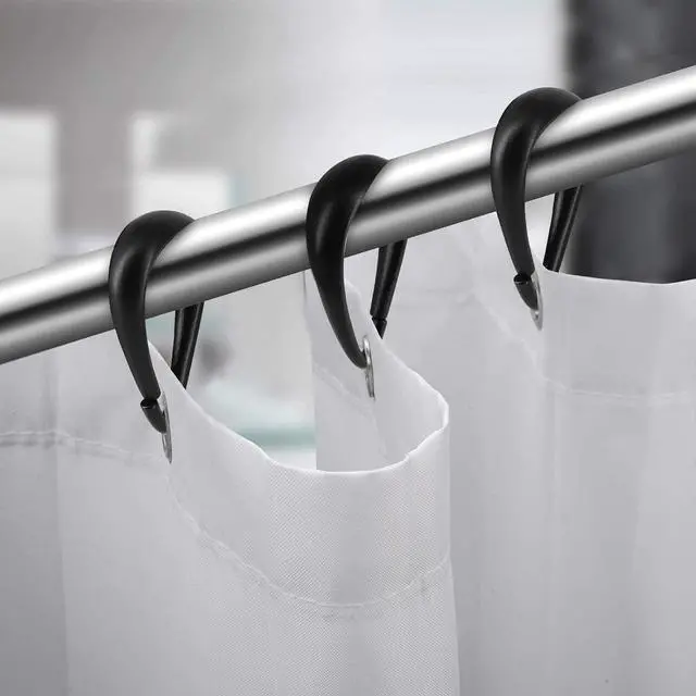 Alt view image 3 of 7 - Shower Curtain Rings, 12 Pcs Plastic Hooks Drop-Shape Rings Hook Hanger for Bathroom Shower Rod, Easy Snap Closure (Black)