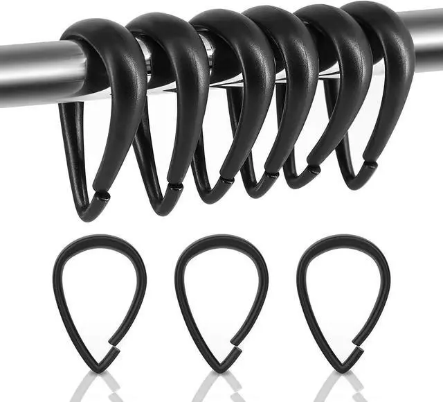 Main image of Shower Curtain Rings, 12 Pcs Plastic Hooks Drop-Shape Rings Hook Hanger for Bathroom Shower Rod, Easy Snap Closure (Black)