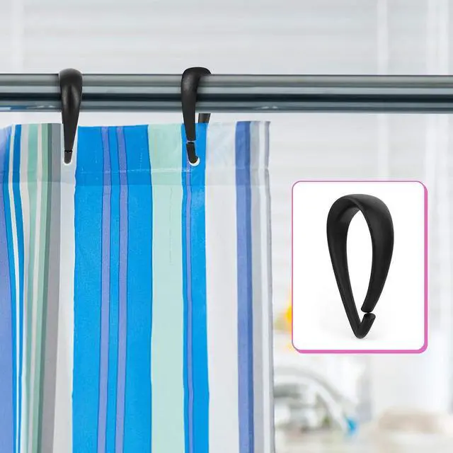 Alt view image 4 of 7 - Shower Curtain Rings, 12 Pcs Plastic Hooks Drop-Shape Rings Hook Hanger for Bathroom Shower Rod, Easy Snap Closure (Black)