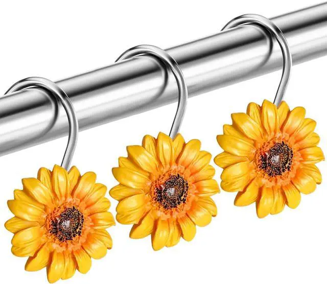 Alt view image 3 of 7 - Sunflower Shower Curtain Hooks Rings, Modern Home Decorativ Rust Resistant Hangers, 12PCS Shower Hooks for Bathroom Shower Rod, Bedroom, Living Room (Yellow Flower)